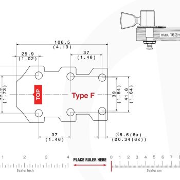 Technical mounting template with hole spacing and dimensions for the TronicalTune F automatic guitar tuner