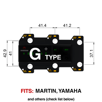 TronicalTune G automatic guitar tuner - mounting dimensions TronicalTune G automatic guitar tuner mounting plate with labeled dimensions and tuning peg hole positions