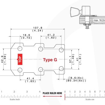G Type Tronicaltune Guitar Tuner Technical mounting template with hole spacing and dimensions for the TronicalTune G automatic guitar tuner
