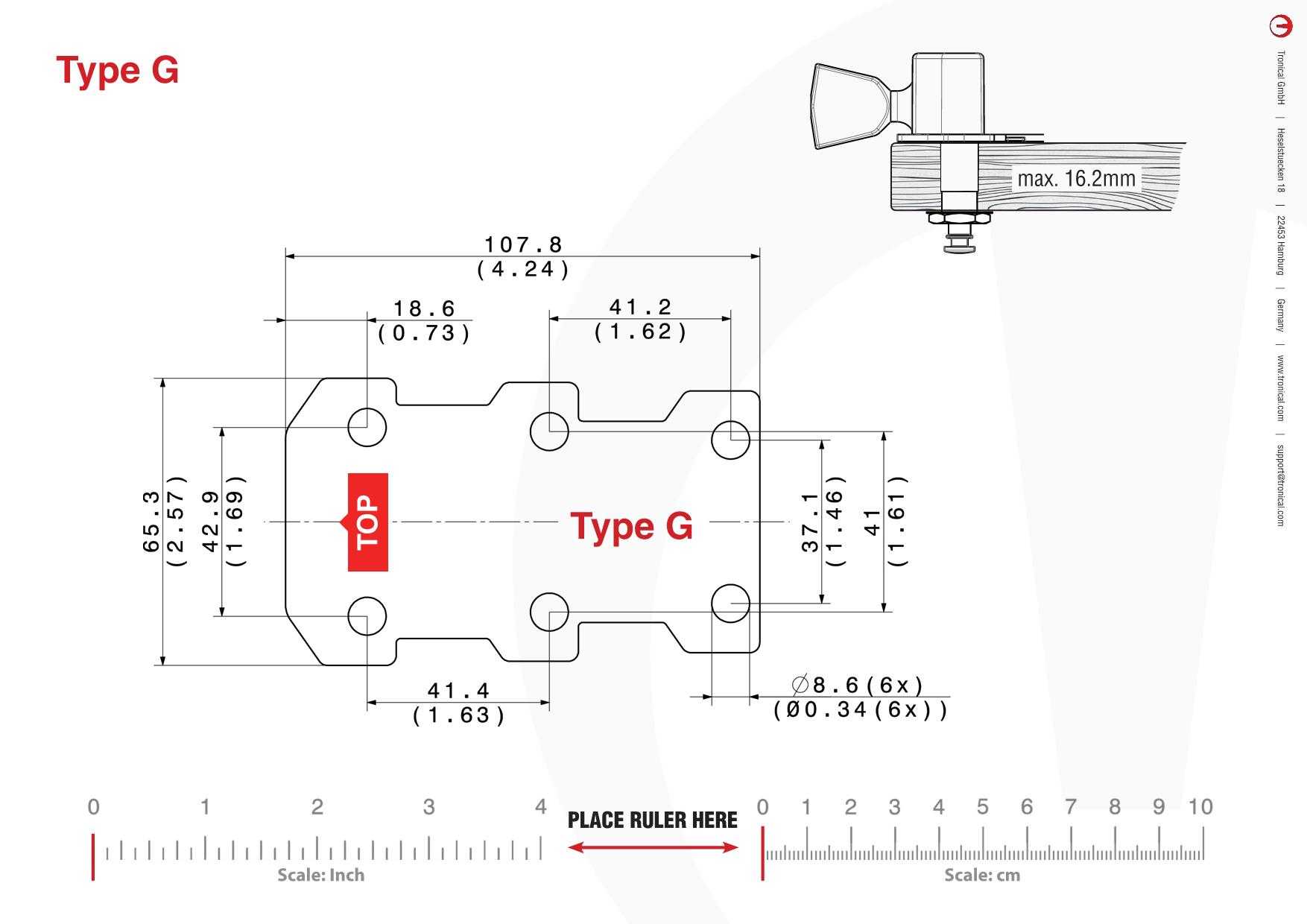 TronicalTune G guitar tuner - mounting template Technical mounting template with hole spacing and dimensions for the TronicalTune G automatic guitar tuner