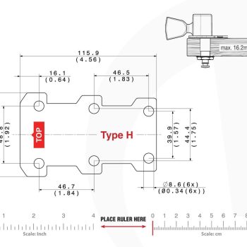 Technical mounting template with hole spacing and dimensions for the TronicalTune H automatic guitar tuner