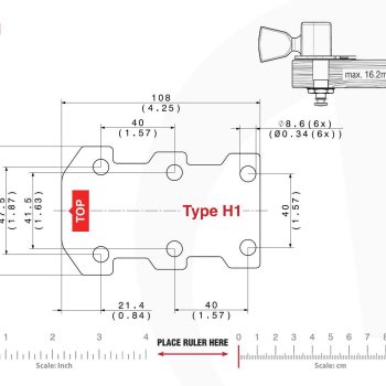 Technical mounting template with hole spacing and dimensions for the TronicalTune H1 automatic guitar tuner