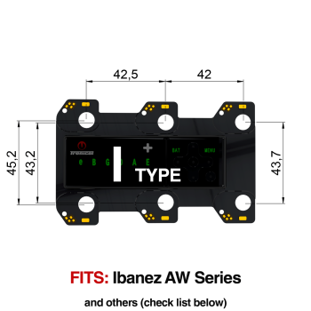TronicalTune I automatic guitar tuner - mounting dimensions TronicalTune I automatic guitar tuner mounting plate with labeled dimensions and tuning peg hole positions