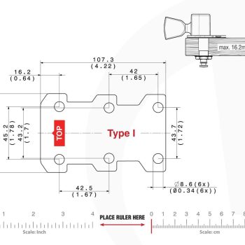 I Type Tronicaltune Guitar Tuner Technical mounting template with hole spacing and dimensions for the TronicalTune I automatic guitar tuner