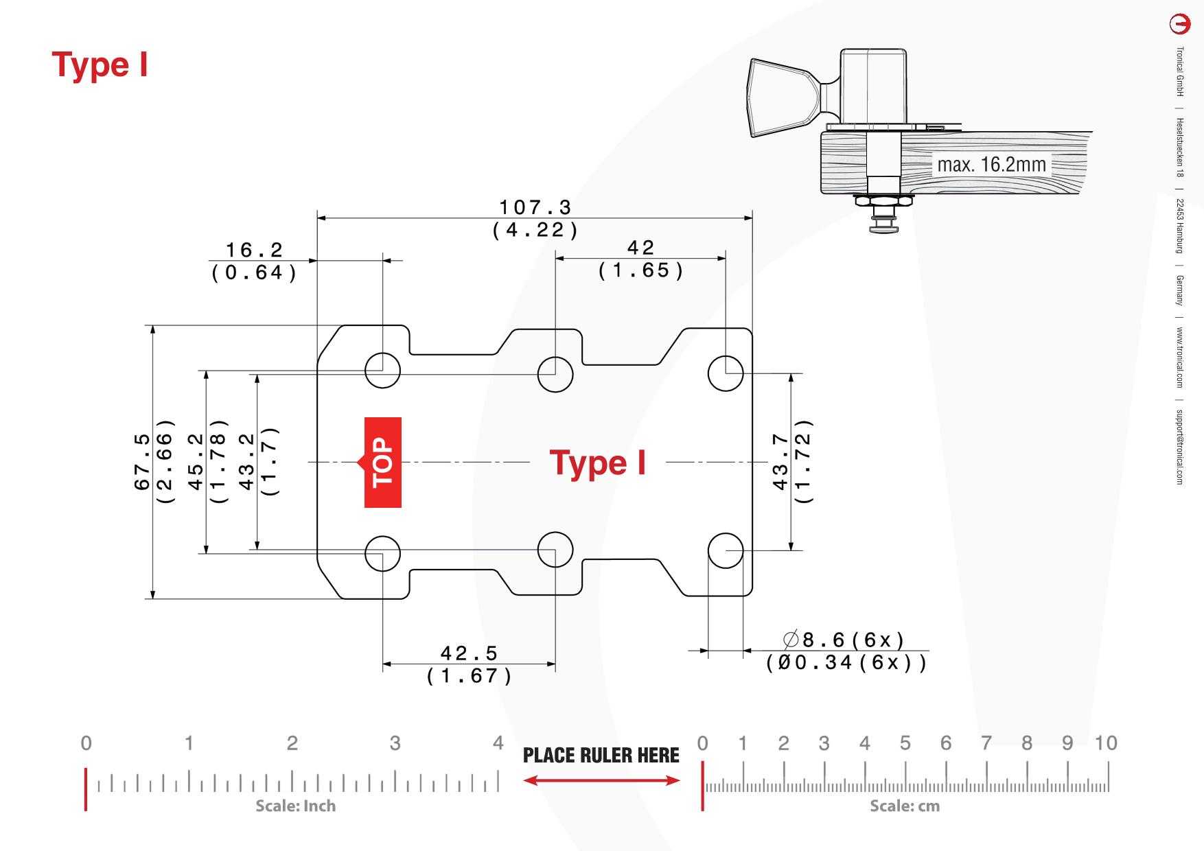 TronicalTune I guitar tuner - mounting template Technical mounting template with hole spacing and dimensions for the TronicalTune I automatic guitar tuner