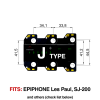TronicalTune J automatic guitar tuner - mounting dimensions TronicalTune J automatic guitar tuner mounting plate with labeled dimensions and tuning peg hole positions