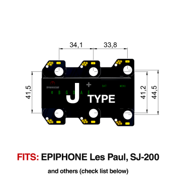 TronicalTune J automatic guitar tuner - mounting dimensions TronicalTune J automatic guitar tuner mounting plate with labeled dimensions and tuning peg hole positions