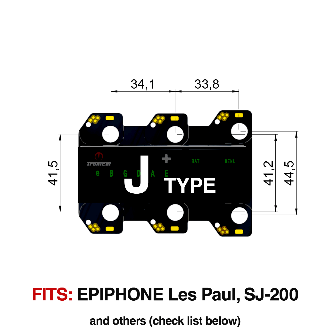 TronicalTune J automatic guitar tuner - mounting dimensions TronicalTune J automatic guitar tuner mounting plate with labeled dimensions and tuning peg hole positions