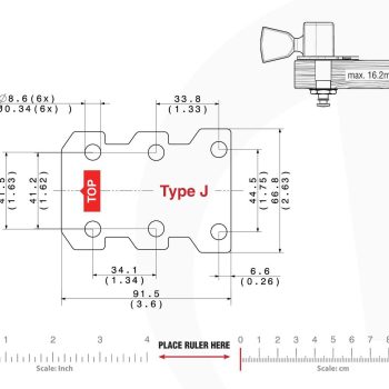 J Type Tronicaltune Guitar Tuner Technical mounting template with hole spacing and dimensions for the TronicalTune J automatic guitar tuner