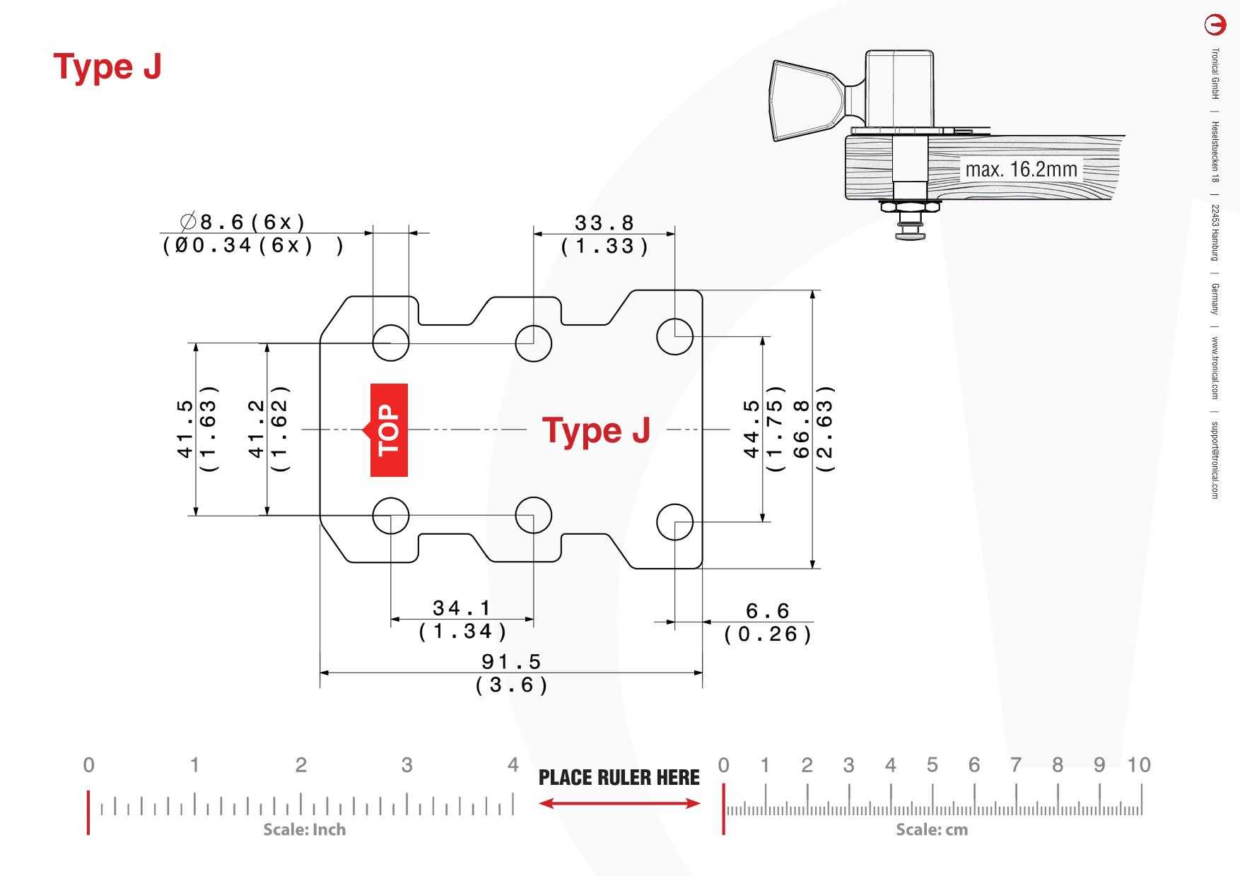 TronicalTune J guitar tuner - mounting template Technical mounting template with hole spacing and dimensions for the TronicalTune J automatic guitar tuner