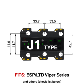 TronicalTune J1 automatic guitar tuner - mounting dimensions TronicalTune J1 automatic guitar tuner mounting plate with labeled dimensions and tuning peg hole positions