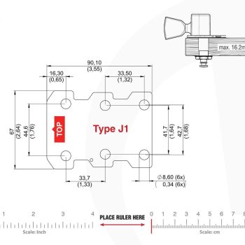 J1 Type Tronicaltune Guitar Tuner Technical mounting template with hole spacing and dimensions for the TronicalTune J1 automatic guitar tuner