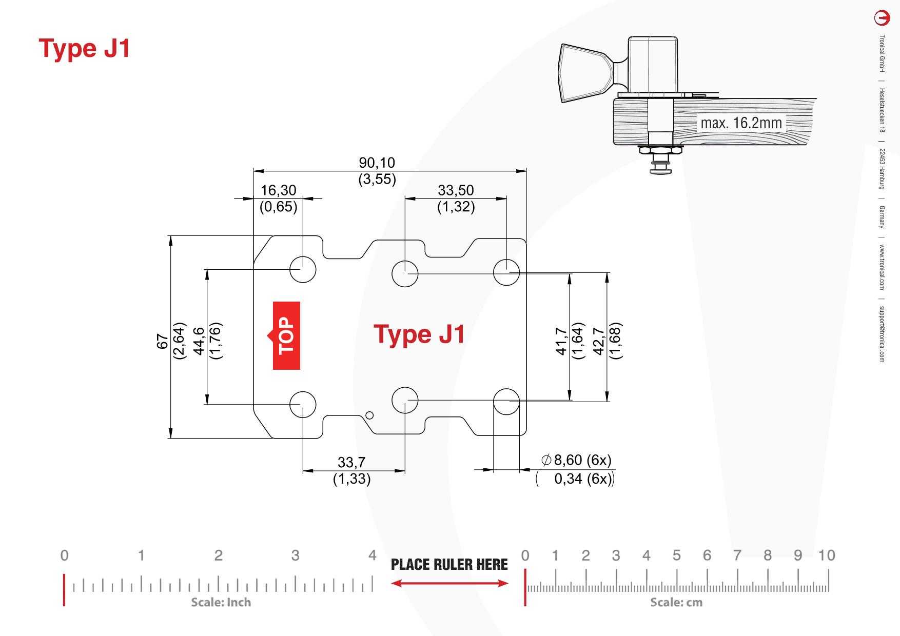 Technical mounting template with hole spacing and dimensions for the TronicalTune J1 automatic guitar tuner