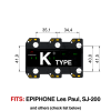 TronicalTune K automatic guitar tuner - mounting dimensions TronicalTune K automatic guitar tuner mounting plate with labeled dimensions and tuning peg hole positions