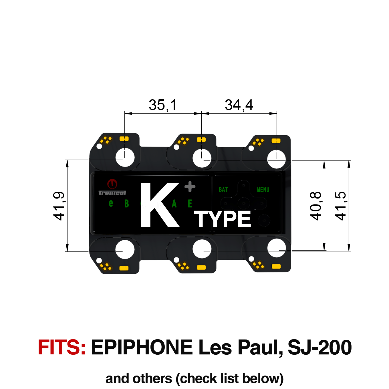 TronicalTune K automatic guitar tuner - mounting dimensions TronicalTune K automatic guitar tuner mounting plate with labeled dimensions and tuning peg hole positions