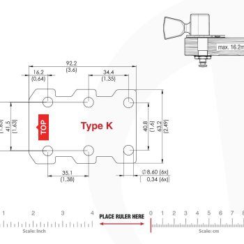 K Type Tronicaltune Guitar Tuner Technical mounting template with hole spacing and dimensions for the TronicalTune K automatic guitar tuner