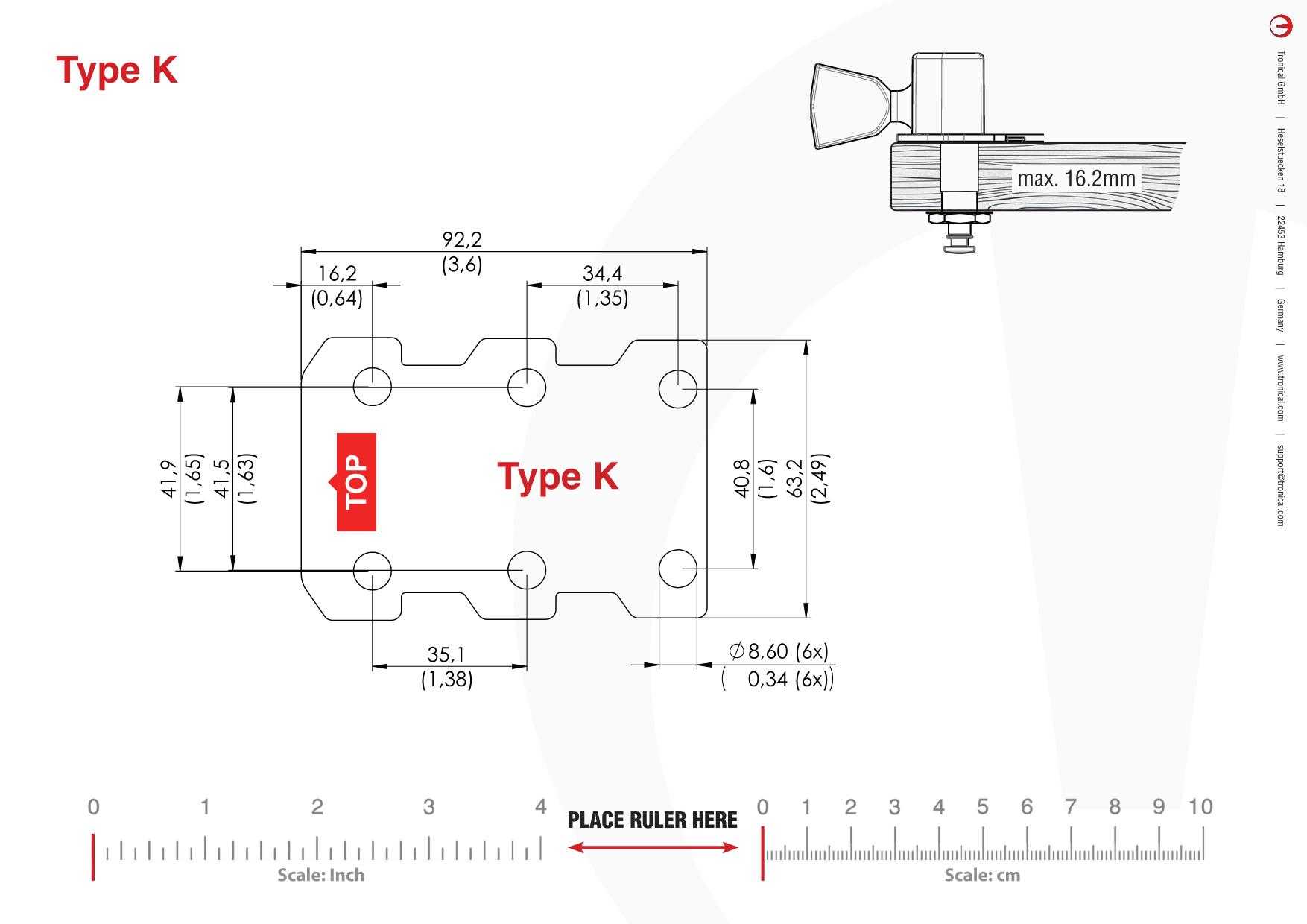 TronicalTune K guitar tuner - mounting template Technical mounting template with hole spacing and dimensions for the TronicalTune K automatic guitar tuner