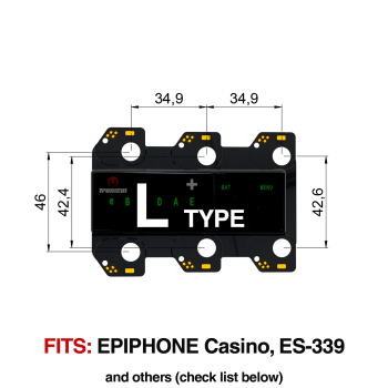 TronicalTune L automatic guitar tuner - mounting dimensions TronicalTune L automatic guitar tuner mounting plate with labeled dimensions and tuning peg hole positions