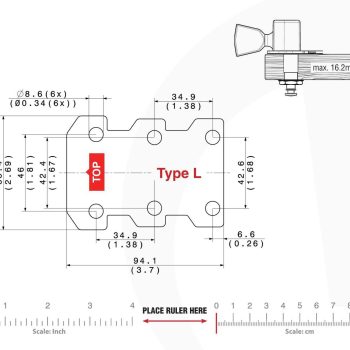 Technical mounting template with hole spacing and dimensions for the TronicalTune L automatic guitar tuner