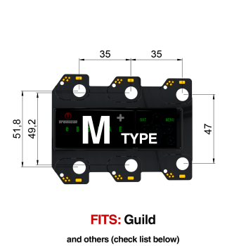 TronicalTune M automatic guitar tuner - mounting dimensions TronicalTune M automatic guitar tuner mounting plate with labeled dimensions and tuning peg hole positions