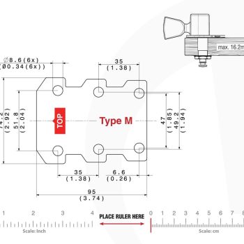 M Type Tronicaltune Guitar Tuner Technical mounting template with hole spacing and dimensions for the TronicalTune M automatic guitar tuner