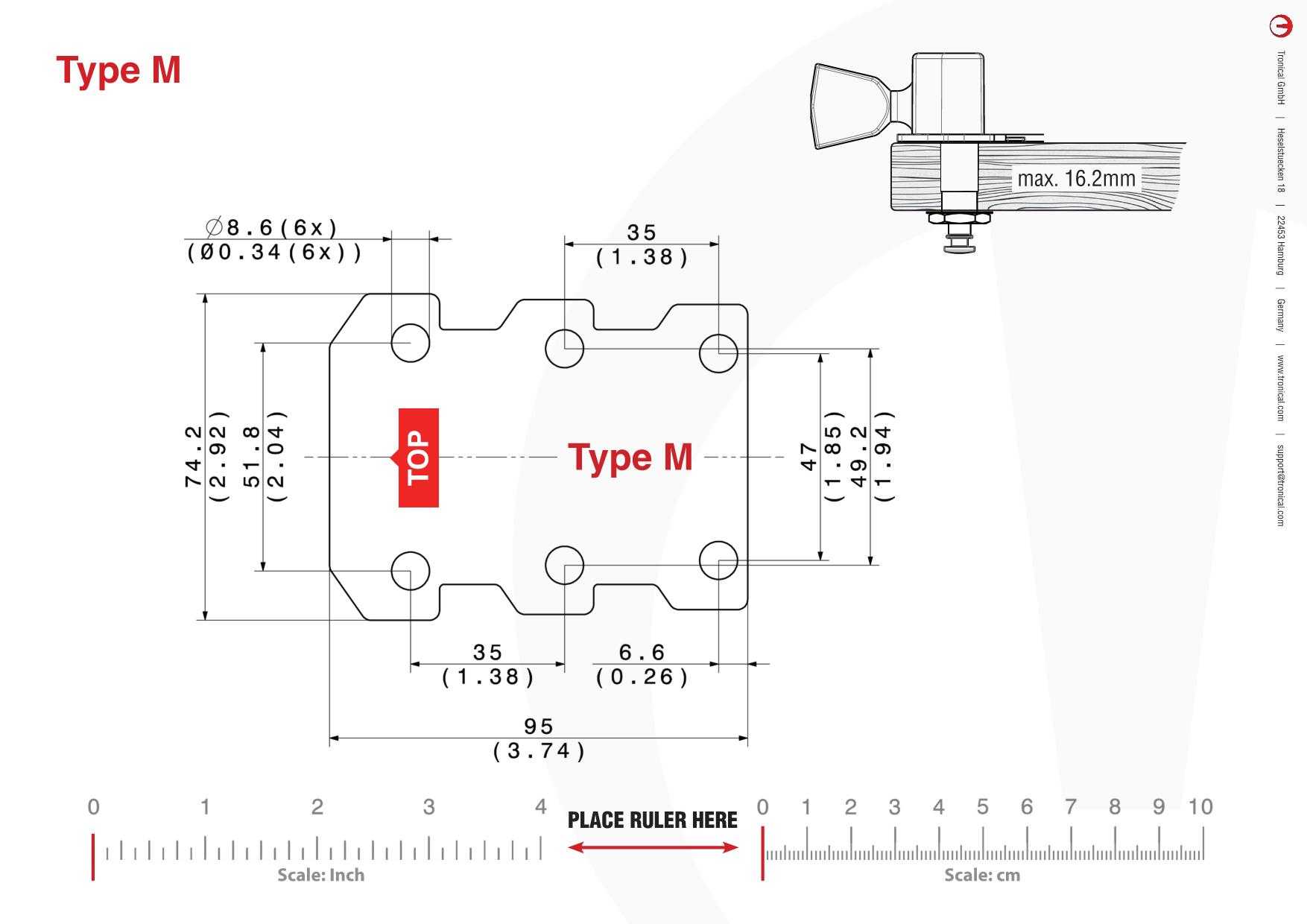 TronicalTune M guitar tuner - mounting template Technical mounting template with hole spacing and dimensions for the TronicalTune M automatic guitar tuner