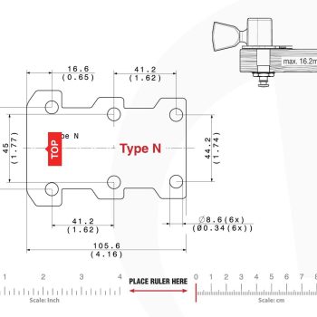 N Type Tronicaltune Guitar Tuner Technical mounting template with hole spacing and dimensions for the TronicalTune N automatic guitar tuner