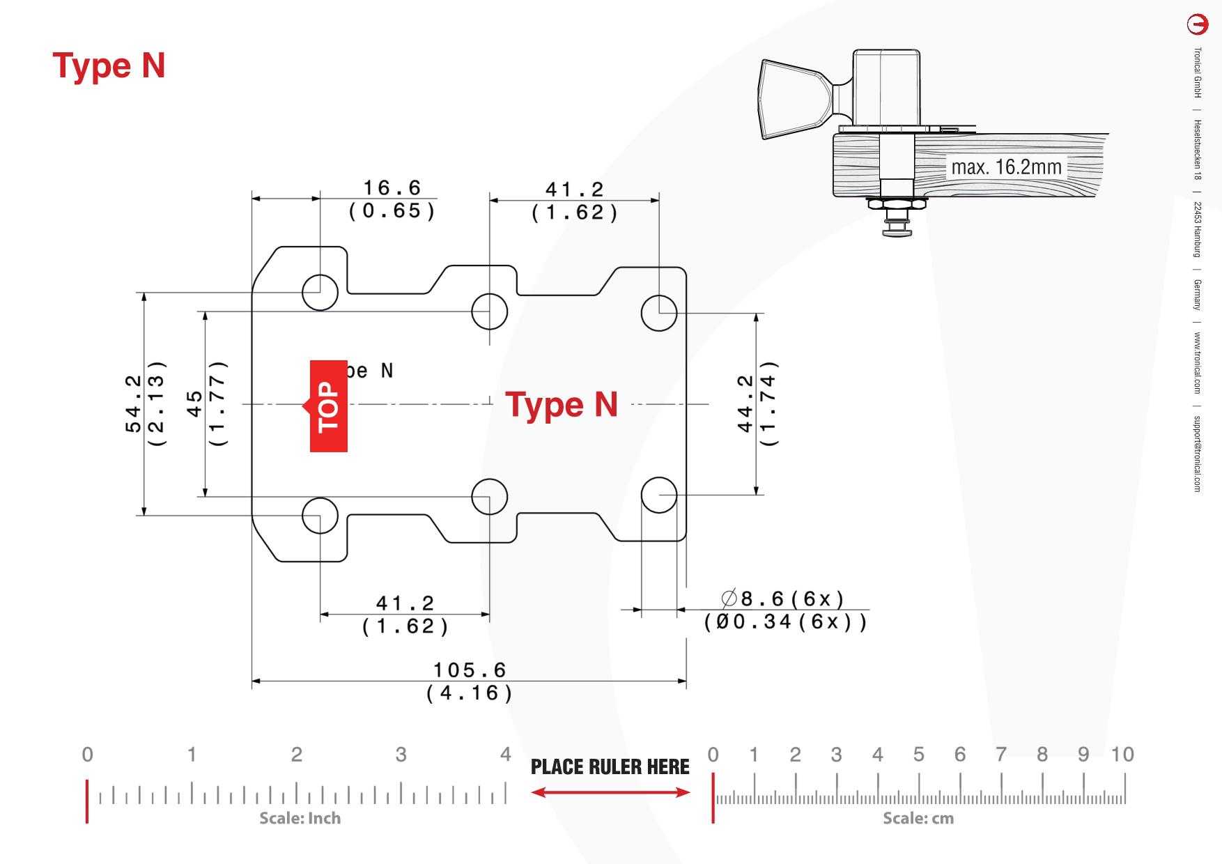 TronicalTune N guitar tuner - mounting template Technical mounting template with hole spacing and dimensions for the TronicalTune N automatic guitar tuner