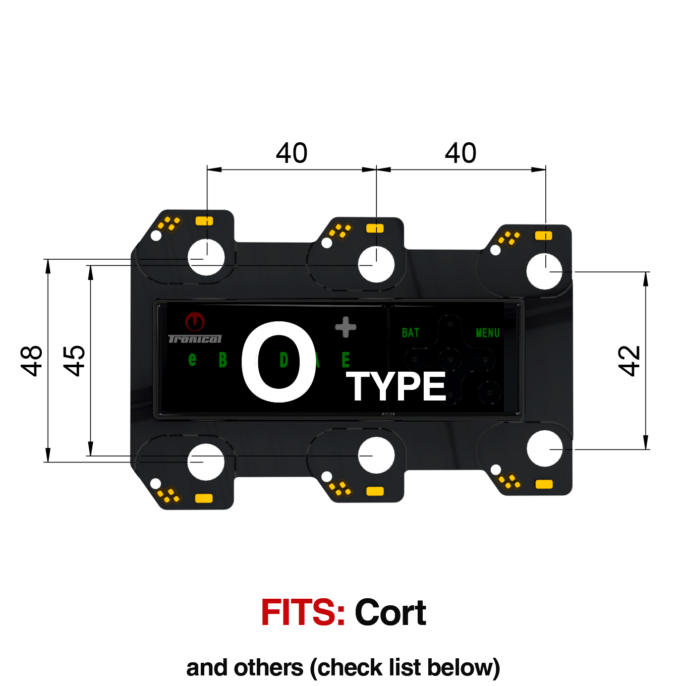 TronicalTune O automatic guitar tuner - mounting dimensions TronicalTune O automatic guitar tuner mounting plate with labeled dimensions and tuning peg hole positions