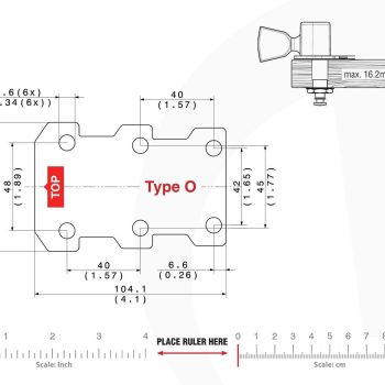 O Type Tronicaltune Guitar Tuner Technical mounting template with hole spacing and dimensions for the TronicalTune O automatic guitar tuner
