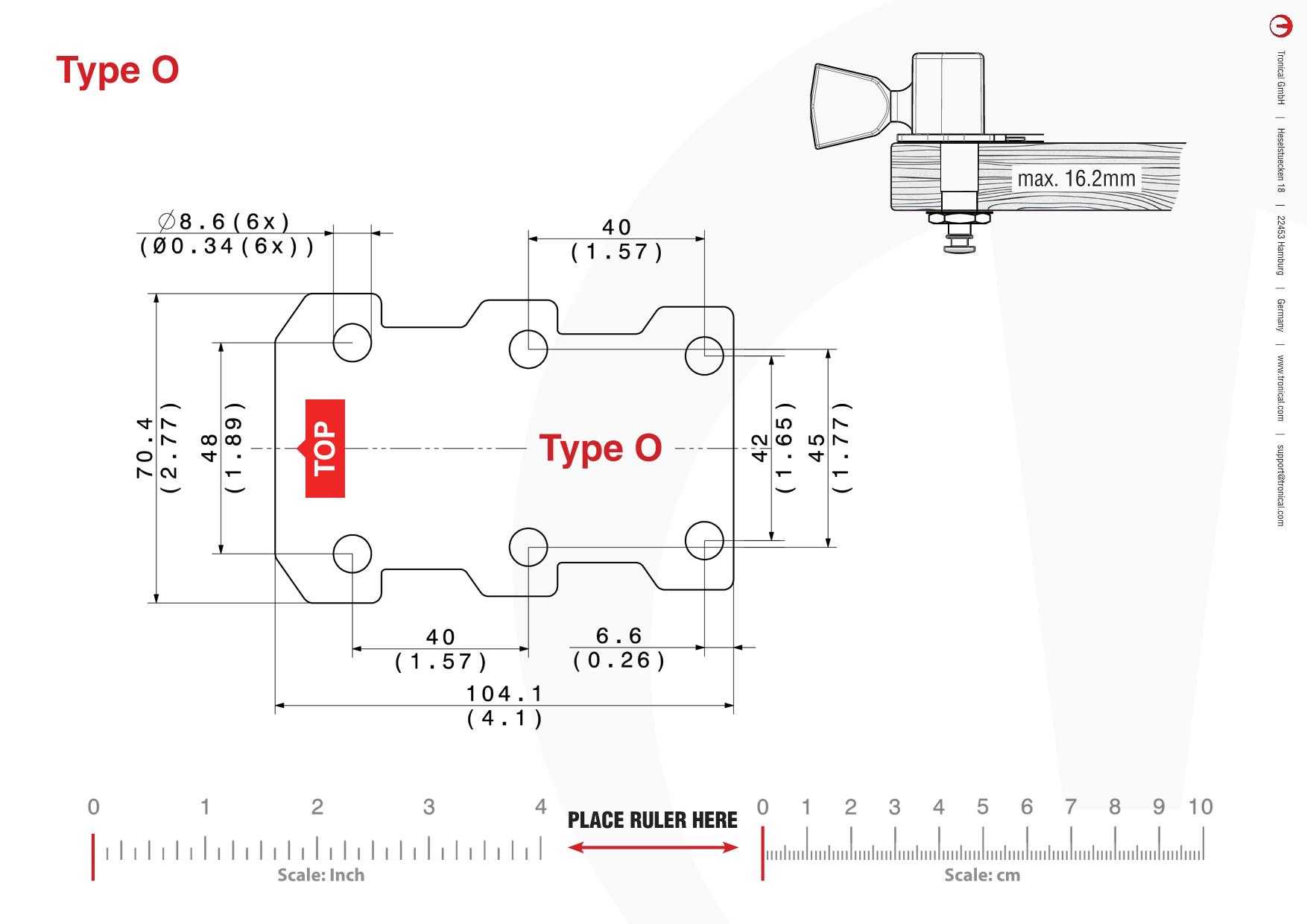 TronicalTune O guitar tuner - mounting template Technical mounting template with hole spacing and dimensions for the TronicalTune O automatic guitar tuner