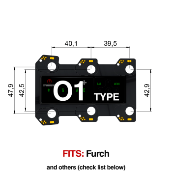 TronicalTune O1 automatic guitar tuner - mounting dimensions TronicalTune O1 automatic guitar tuner mounting plate with labeled dimensions and tuning peg hole positions