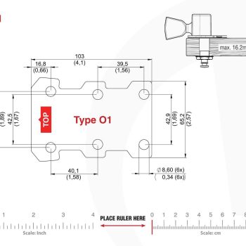 O1 Type Tronicaltune Guitar Tuner Technical mounting template with hole spacing and dimensions for the TronicalTune O1 automatic guitar tuner