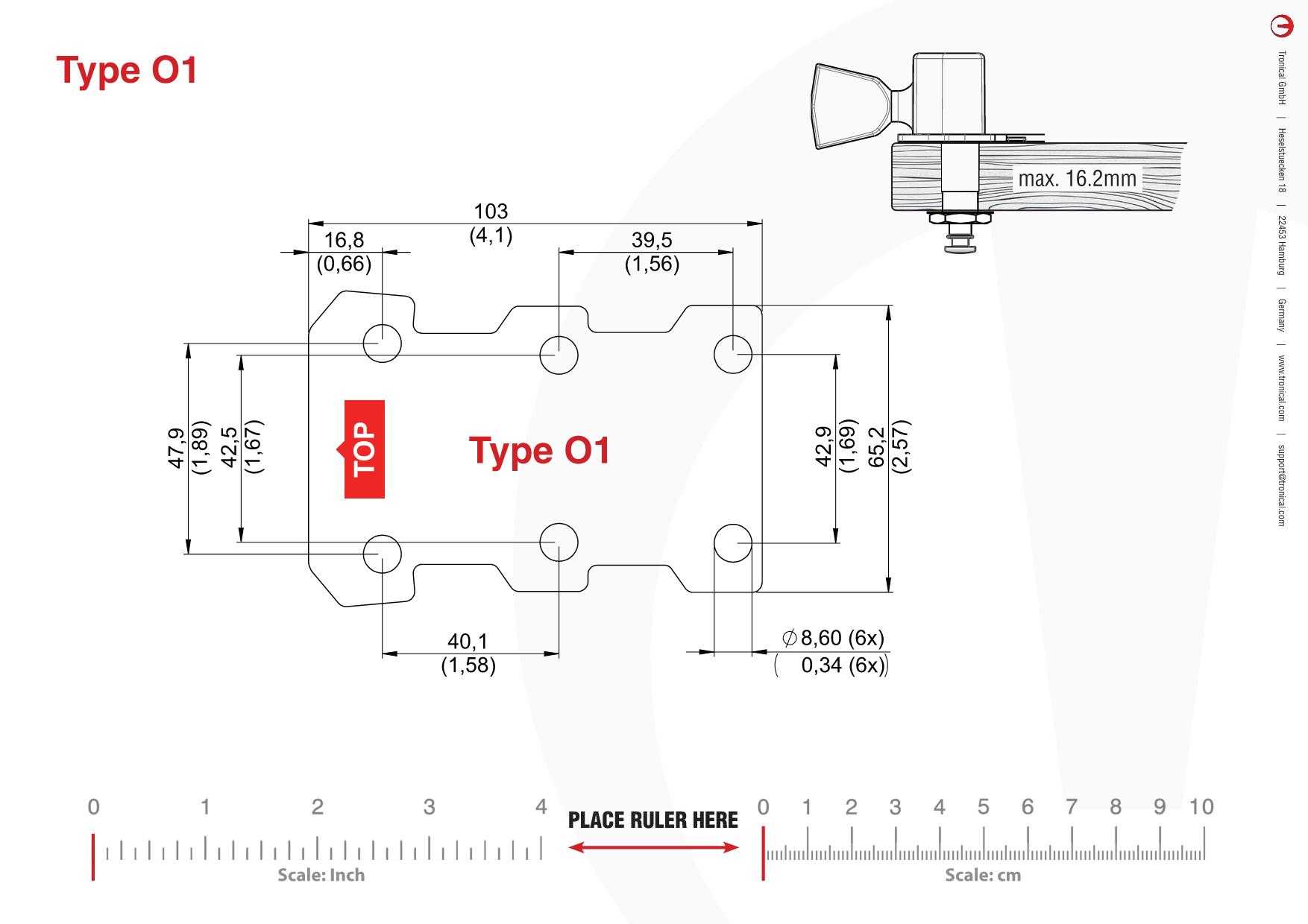 TronicalTune O1 guitar tuner - mounting template Technical mounting template with hole spacing and dimensions for the TronicalTune O1 automatic guitar tuner