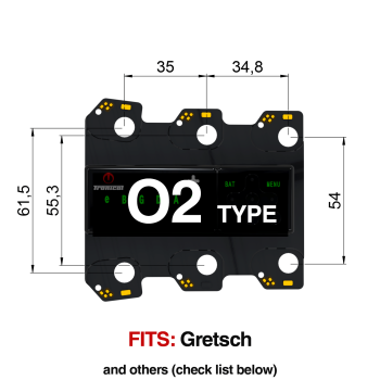 TronicalTune O2 automatic guitar tuner - mounting dimensions TronicalTune O2 automatic guitar tuner mounting plate with labeled dimensions and tuning peg hole positions