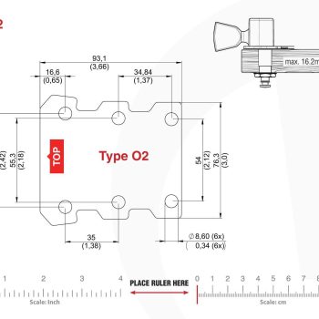 O2 Type Tronicaltune Guitar Tuner Technical mounting template with hole spacing and dimensions for the TronicalTune O2 automatic guitar tuner
