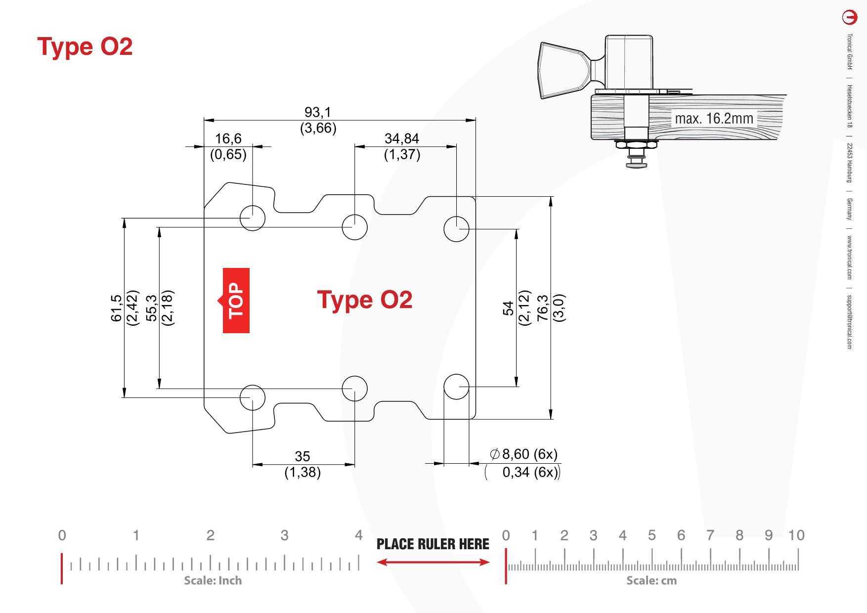TronicalTune O2 guitar tuner - mounting template Technical mounting template with hole spacing and dimensions for the TronicalTune O2 automatic guitar tuner