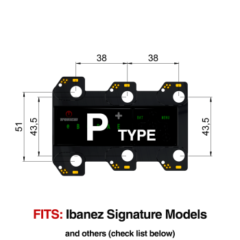 TronicalTune P automatic guitar tuner - mounting dimensions TronicalTune P automatic guitar tuner mounting plate with labeled dimensions and tuning peg hole positions
