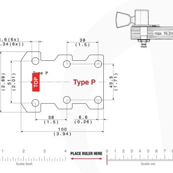 P Type Tronicaltune Guitar Tuner Technical mounting template with hole spacing and dimensions for the TronicalTune P automatic guitar tuner