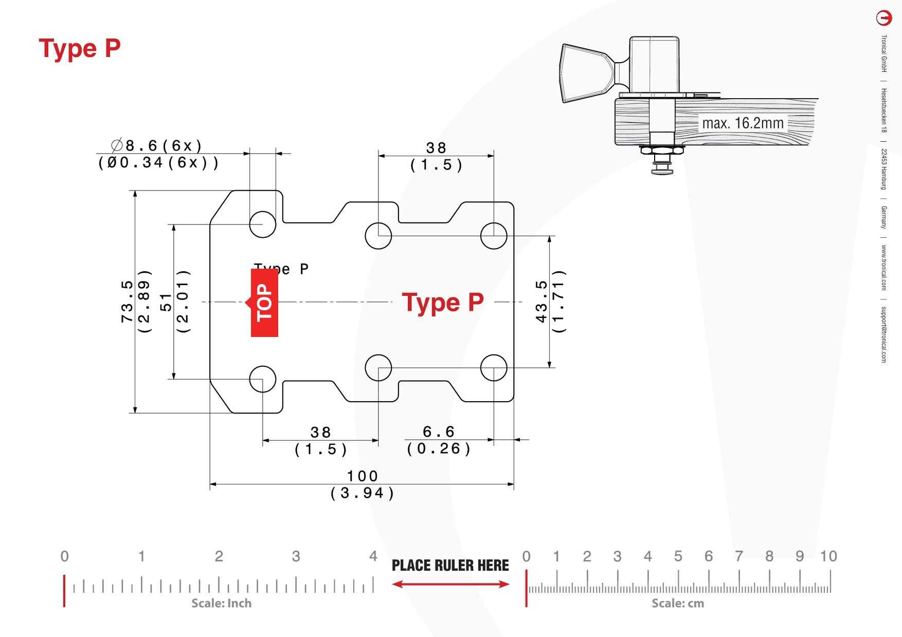 TronicalTune P guitar tuner - mounting template Technical mounting template with hole spacing and dimensions for the TronicalTune P automatic guitar tuner