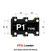 TronicalTune P1 automatic guitar tuner - mounting dimensions TronicalTune P1 automatic guitar tuner mounting plate with labeled dimensions and tuning peg hole positions