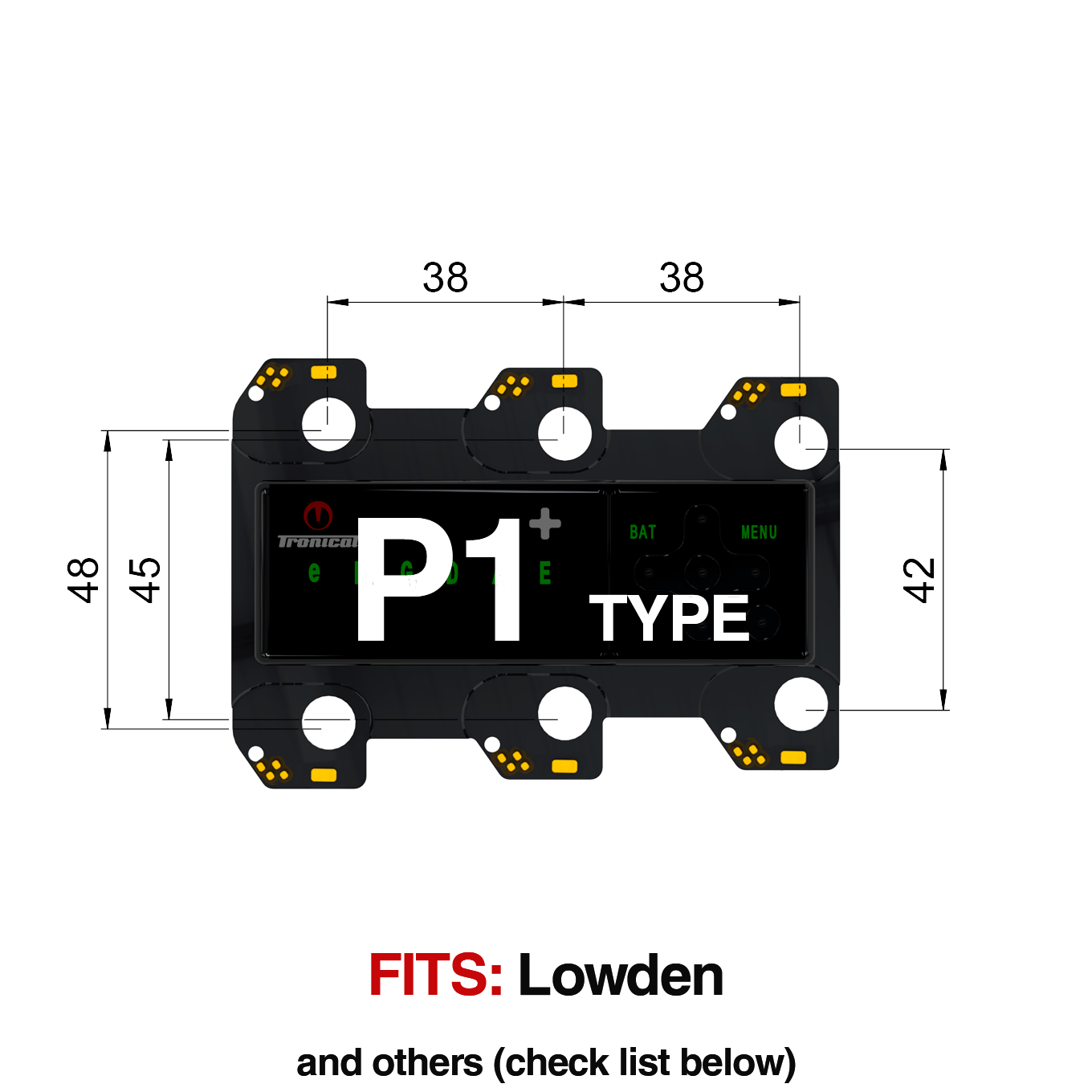 TronicalTune P1 automatic guitar tuner - mounting dimensions TronicalTune P1 automatic guitar tuner mounting plate with labeled dimensions and tuning peg hole positions