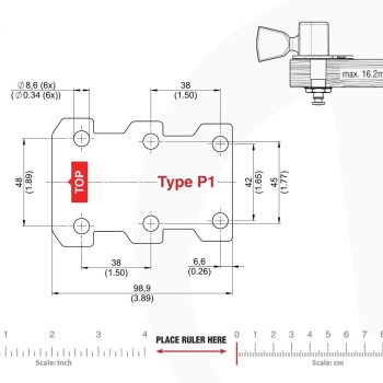 P1 Type Tronicaltune Guitar Tuner Technical mounting template with hole spacing and dimensions for the TronicalTune P1 automatic guitar tuner