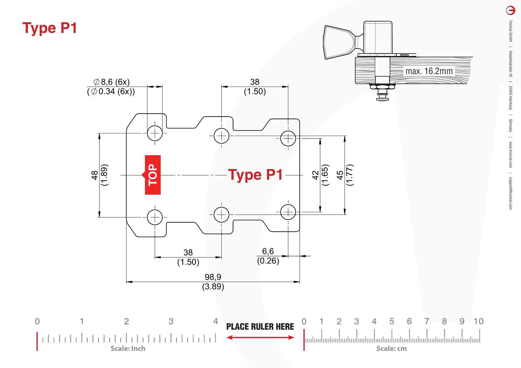 TronicalTune P1 guitar tuner - mounting template Technical mounting template with hole spacing and dimensions for the TronicalTune P1 automatic guitar tuner