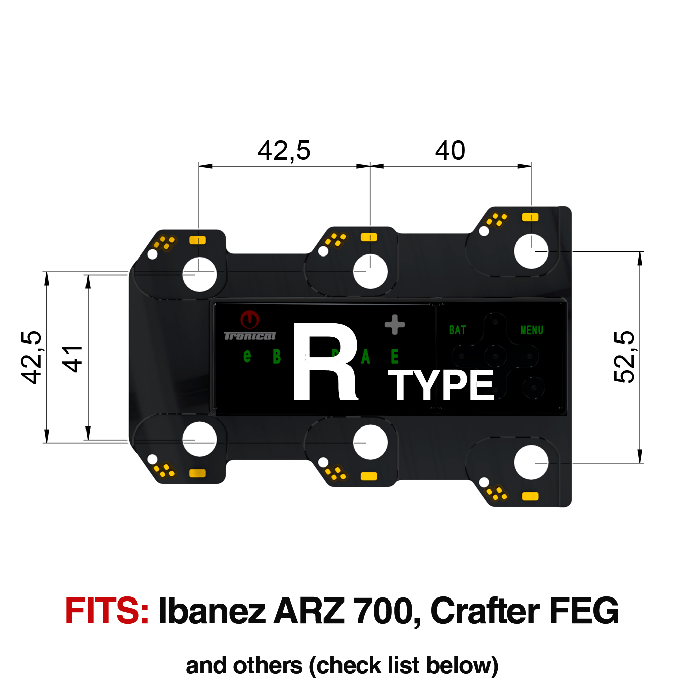 TronicalTune R automatic guitar tuner - mounting dimensions TronicalTune R automatic guitar tuner mounting plate with labeled dimensions and tuning peg hole positions