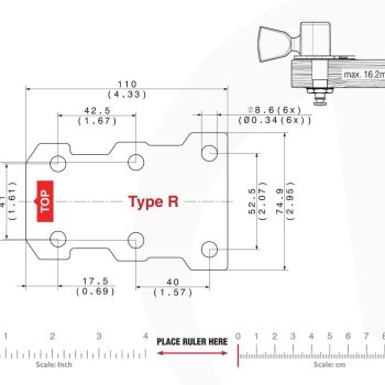 R Type Tronicaltune Guitar Tuner Technical mounting template with hole spacing and dimensions for the TronicalTune R automatic guitar tuner