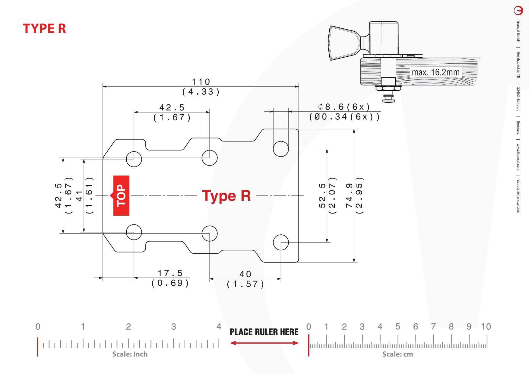 TronicalTune R guitar tuner - mounting template Technical mounting template with hole spacing and dimensions for the TronicalTune R automatic guitar tuner