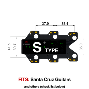 TronicalTune S automatic guitar tuner mounting plate with labeled dimensions and tuning peg hole positions