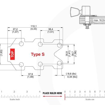 Technical mounting template with hole spacing and dimensions for the TronicalTune S automatic guitar tuner