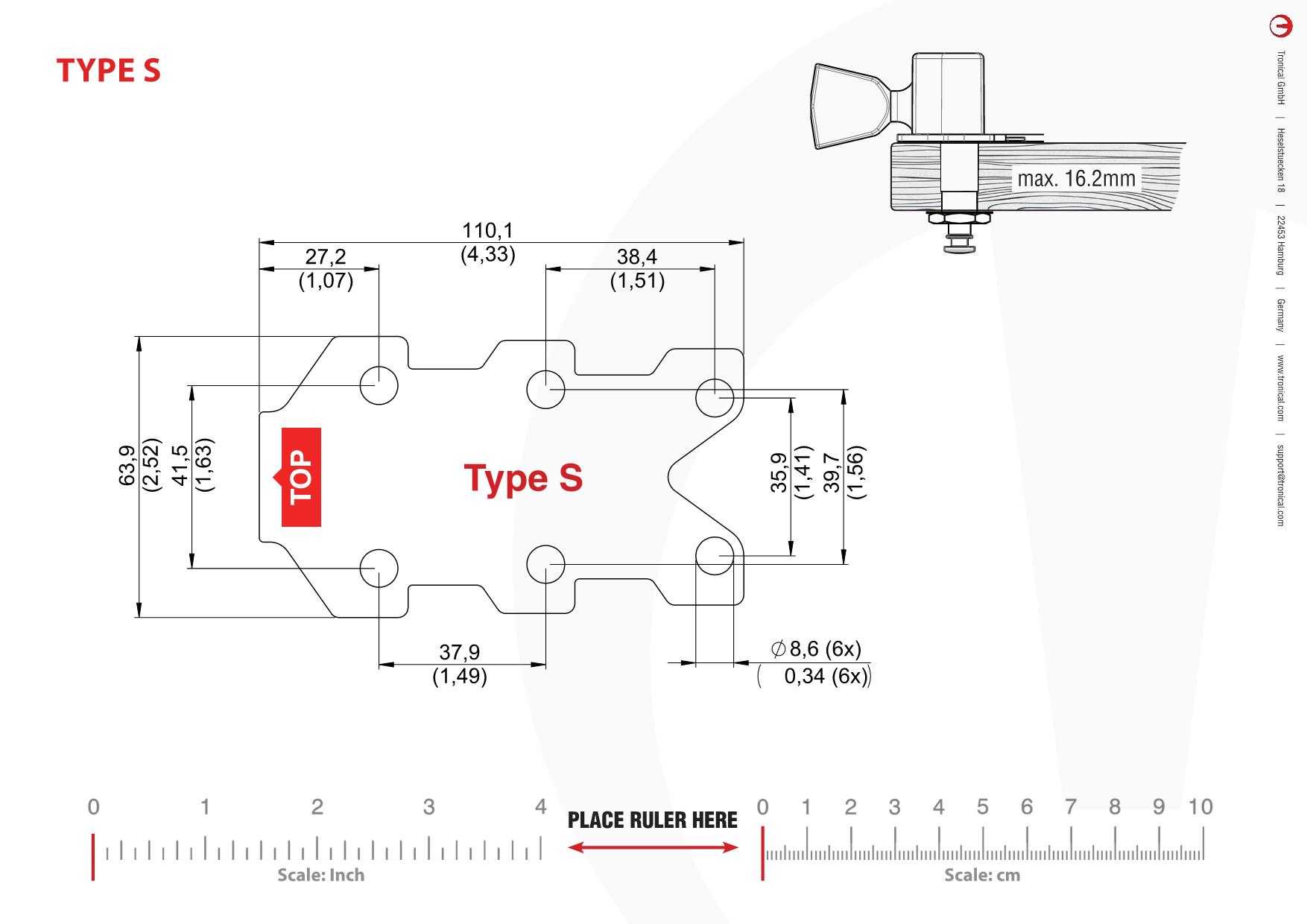 TronicalTune S guitar tuner - mounting template Technical mounting template with hole spacing and dimensions for the TronicalTune S automatic guitar tuner